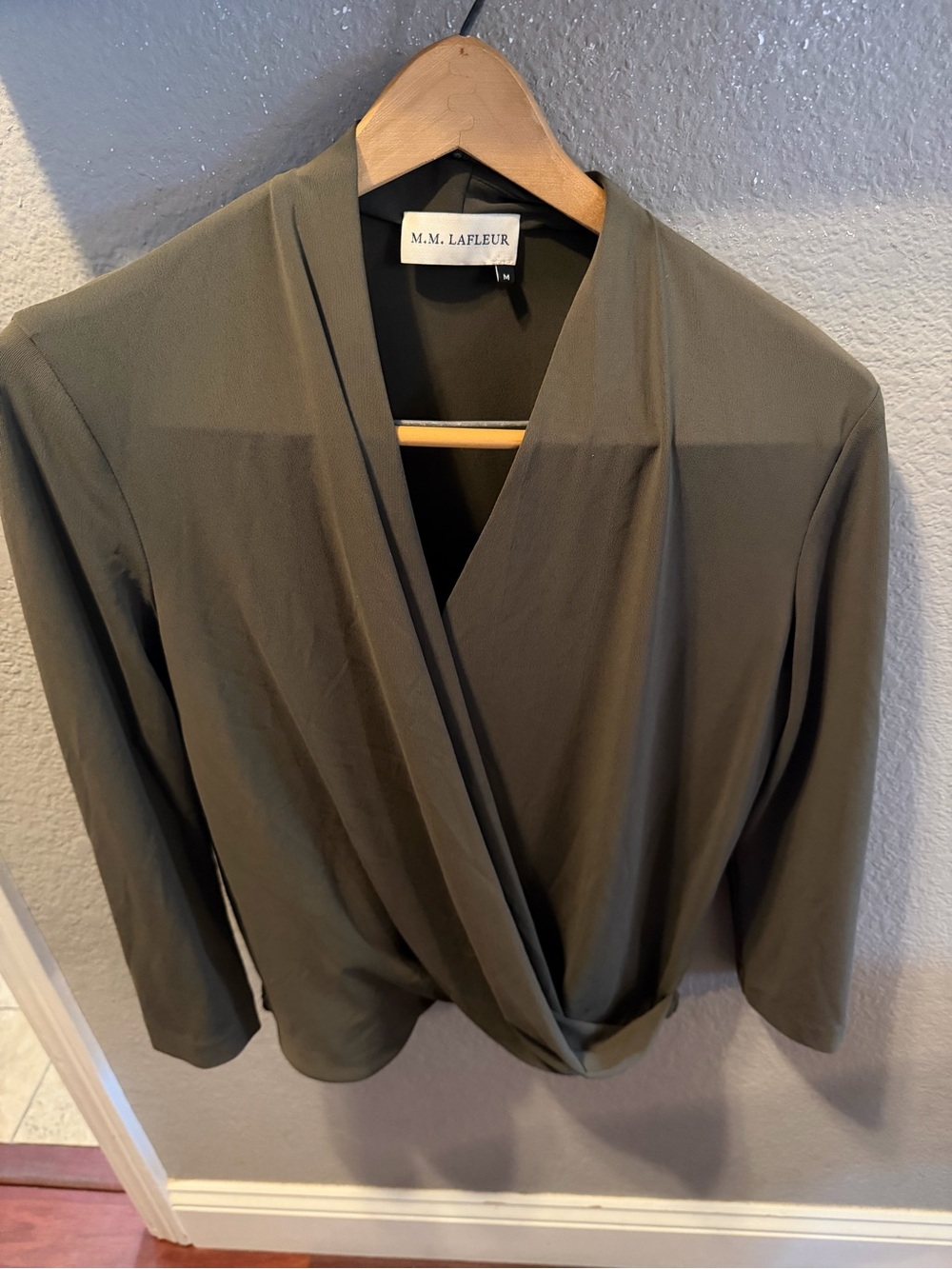 M.M.Lagleur olive green wrap blouse top medium Italian stretch knit career